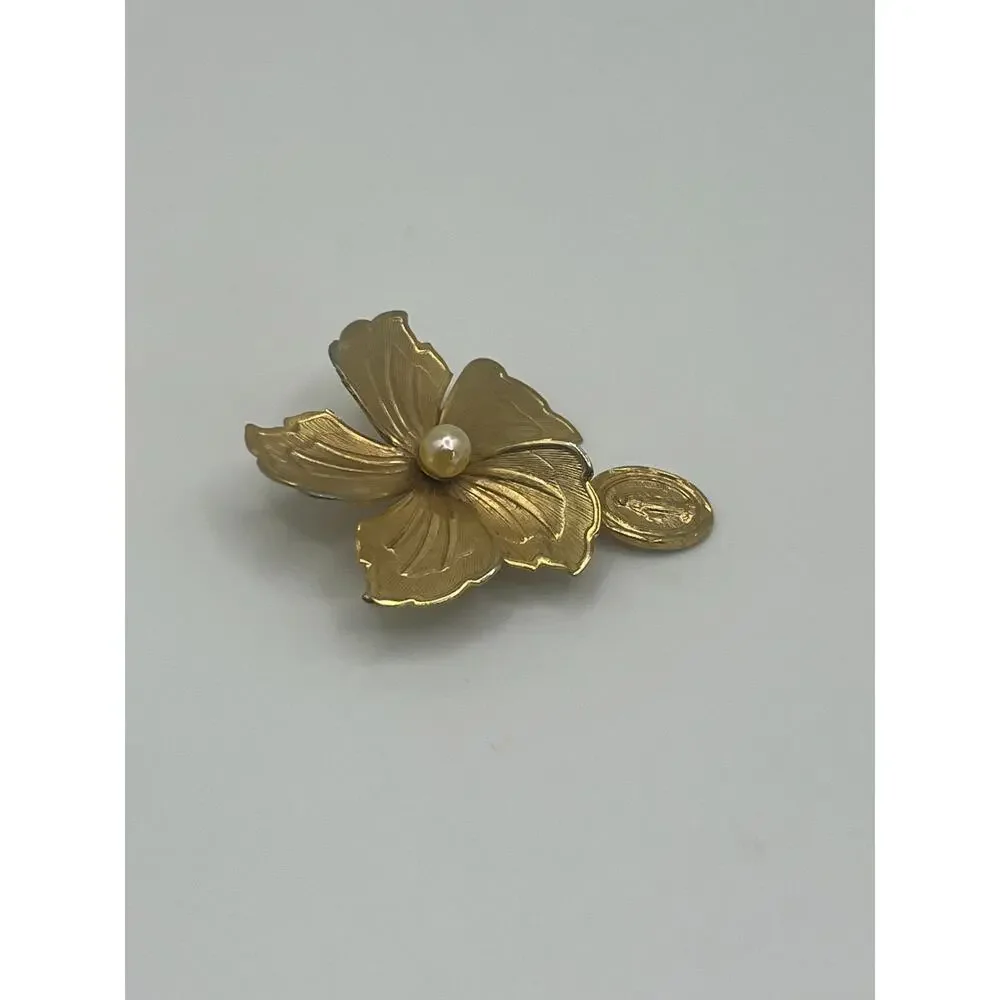 Vintage Textured Gold Tone Flower Faux Pearl & Miraculous Medal Charm Brooch